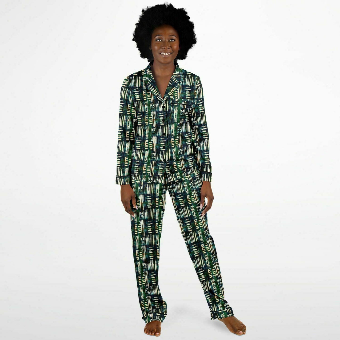 Jungle Safari African Mud Cloth Women's Satin Pajamas, Luxurious Green Mud Cloth Pattern Satin Pajama Set