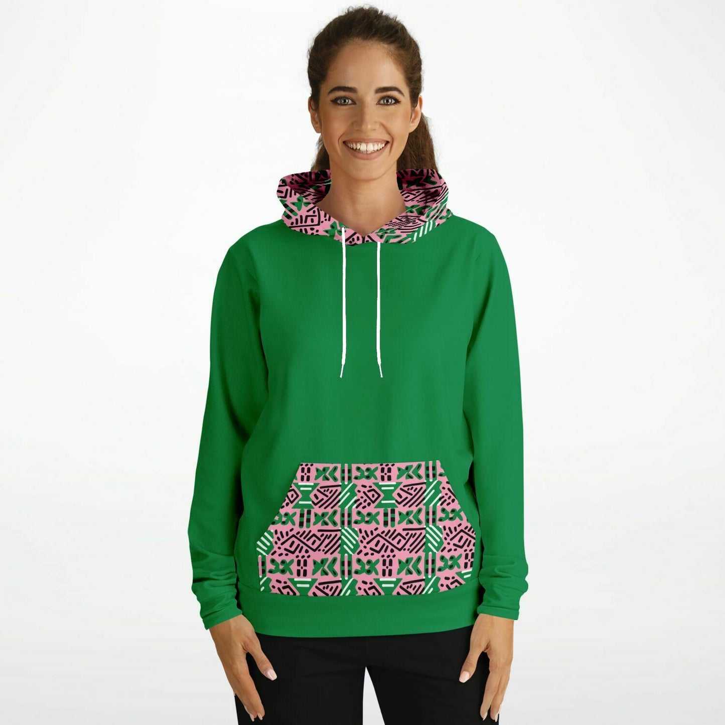 AKA Pink & Green Sorority Inspired African MudCloth Color Block Print Women's Athletic Hoodie, College Sorority Gift