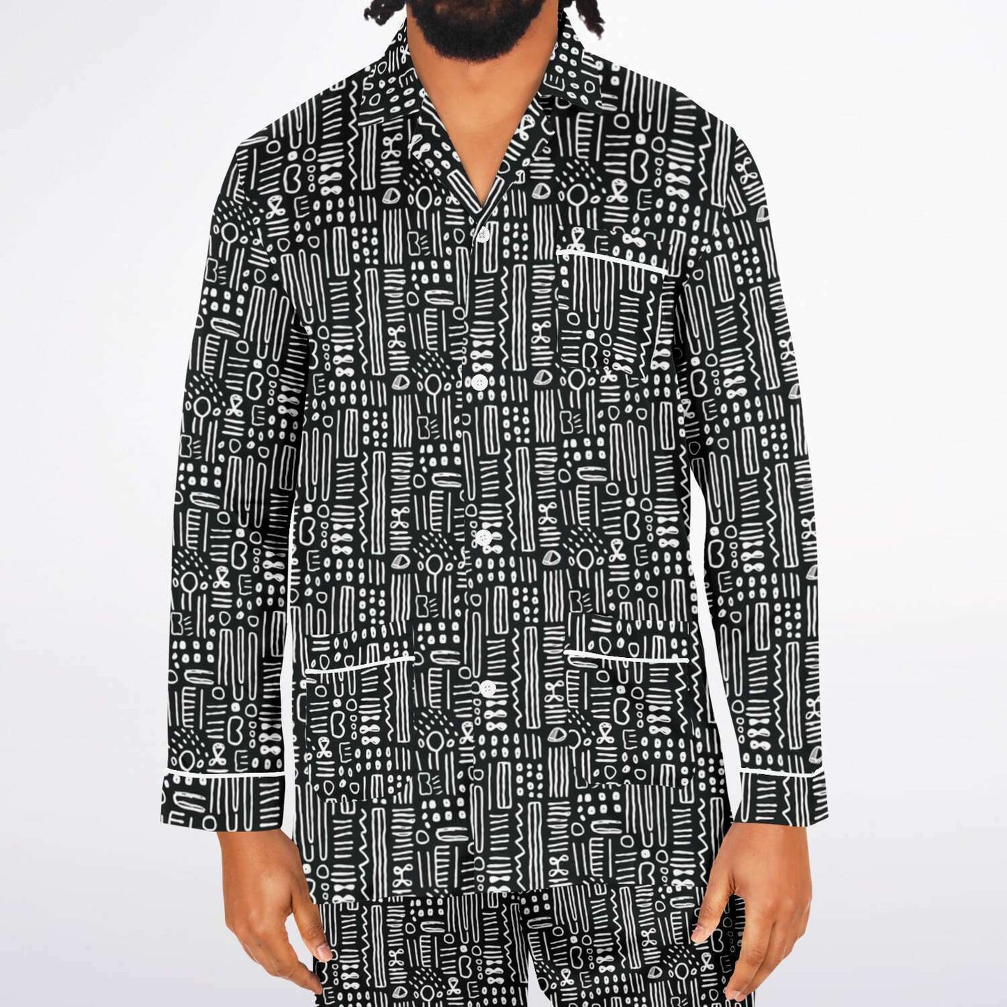 Black & White African Mud Cloth Men's Big and Tall Satin Pajama Set | Matching Tribal Print Family Pajamas