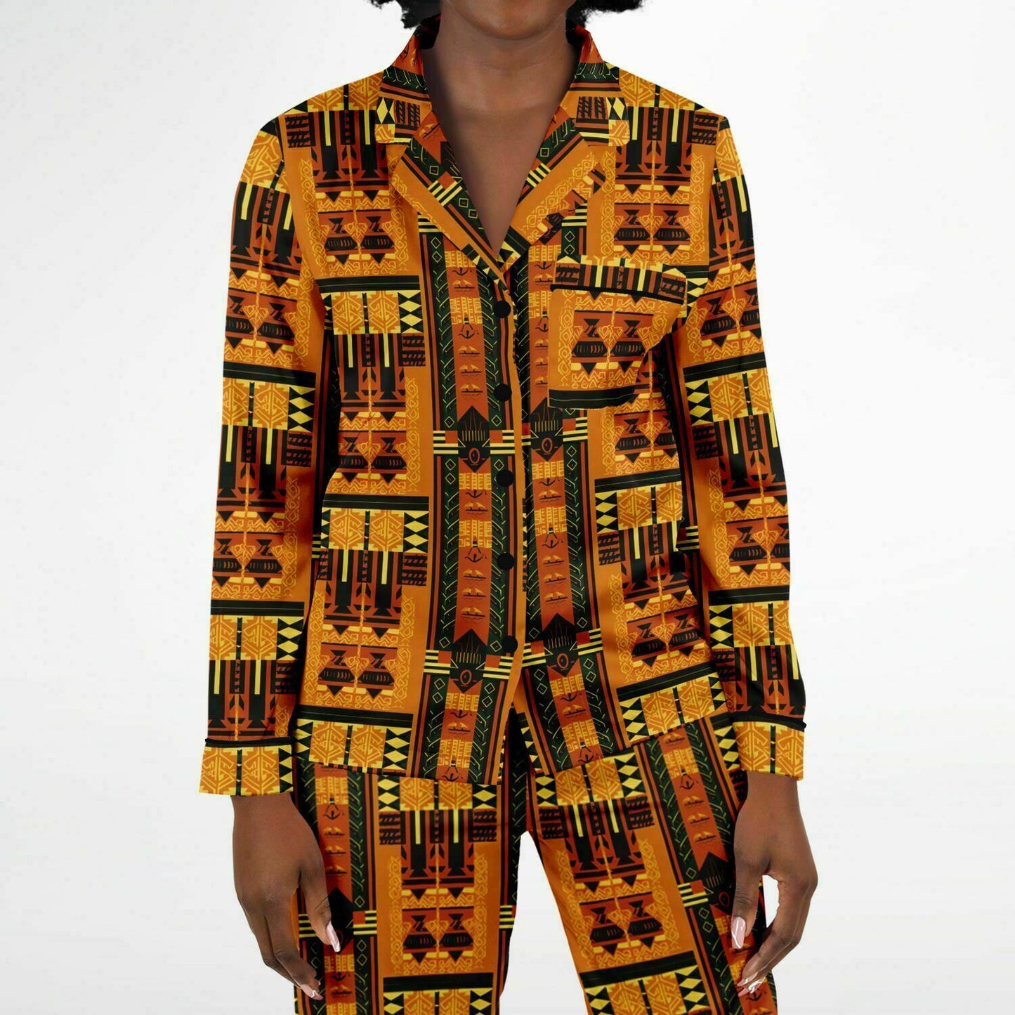 Golden Brown Afrofuturism African Print Women's Satin Pajama Set, Plus Size Luxury Nightwear