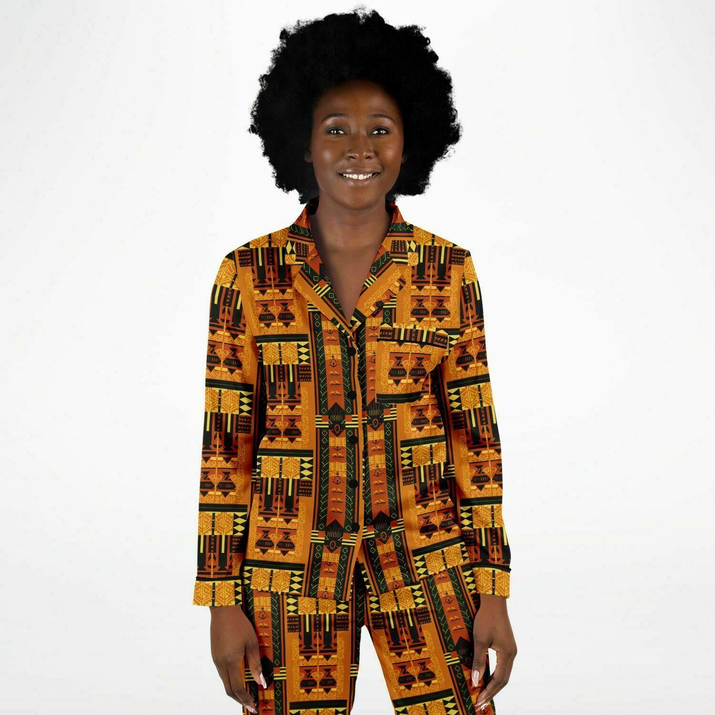 Golden Brown Afrofuturism African Print Women's Satin Pajama Set, Plus Size Luxury Nightwear