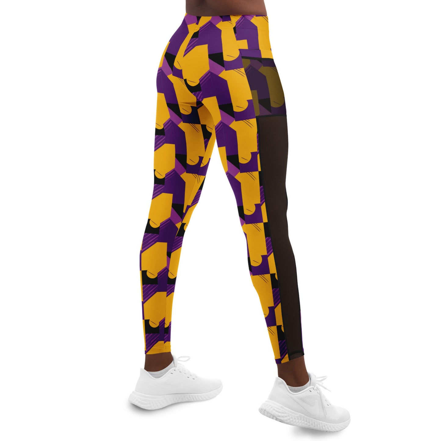 Purple & Gold Abstract Print Luxury Leggings With Pockets, Laker Fan Color Sexy Ladies Workout Wear