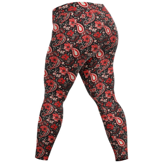 Red & Black Paisley Print Plus Size 2XL - 6XL Leggings, Red Bandana Print Curvy Yoga Pants