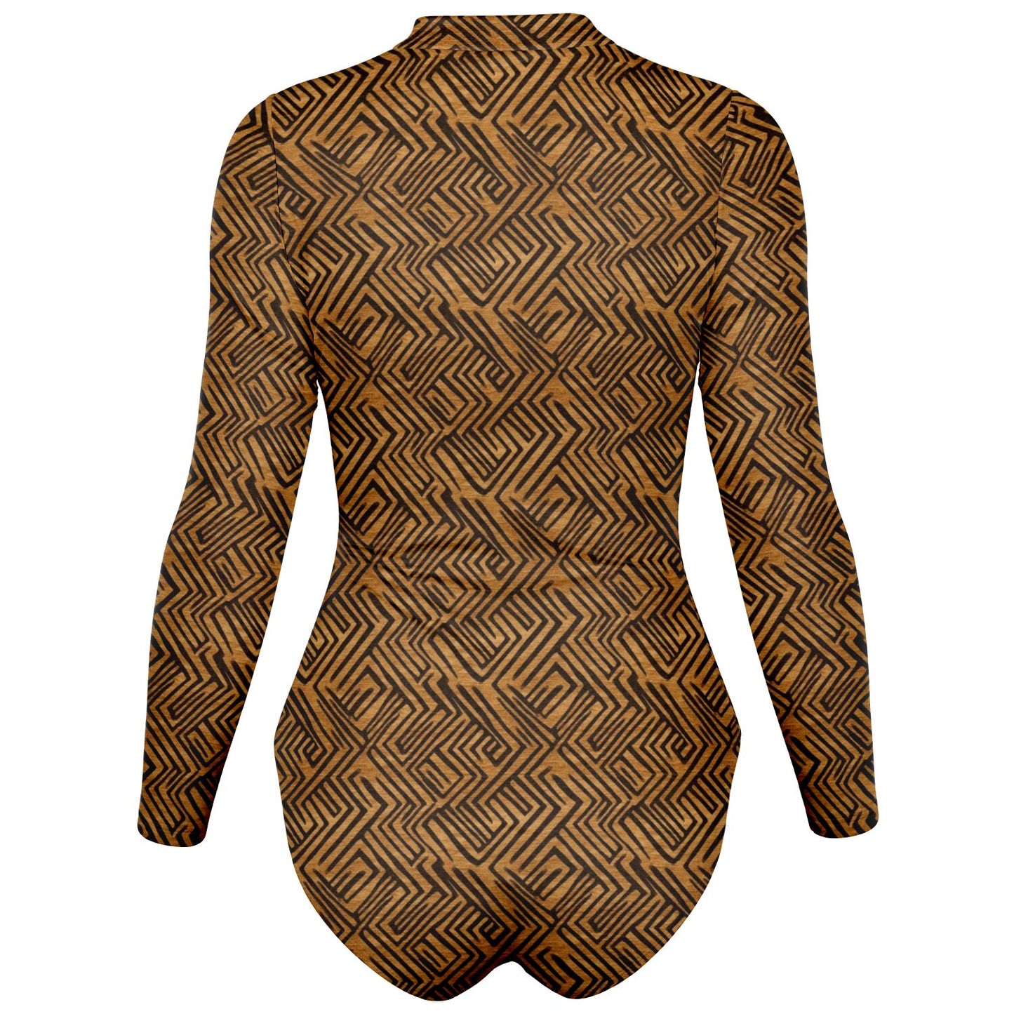 Brown & Black African Mud Cloth Women's Long Sleeve Bodysuit | African-Inspired Fashion | Comfortable African Print Activewear - Ships Free