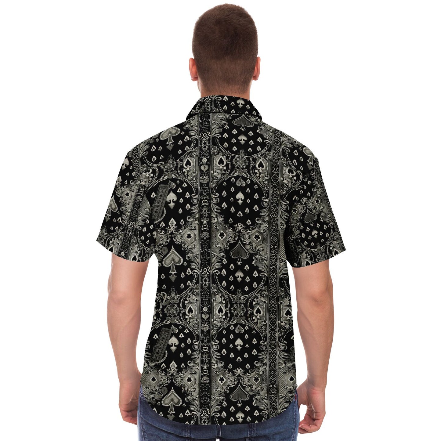 Ace of Spades Men's Short Sleeve Button Down Shirt, Black and Grey Poker Print