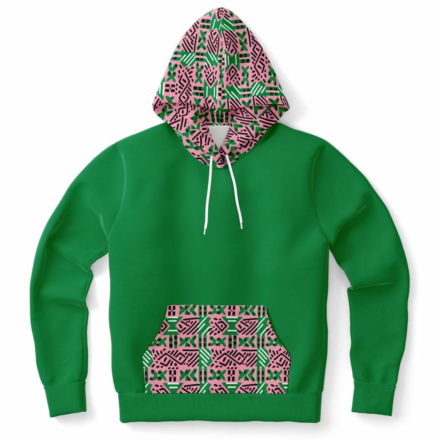 AKA Pink & Green Sorority Inspired African MudCloth Color Block Print Women's Athletic Hoodie, College Sorority Gift