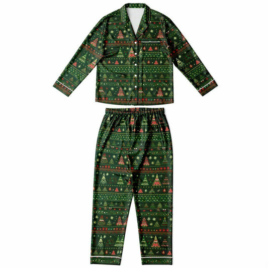 Women's Green Christmas Tree Satin Pajama Set, Holiday Pattern Luxury Women's Sleepwear