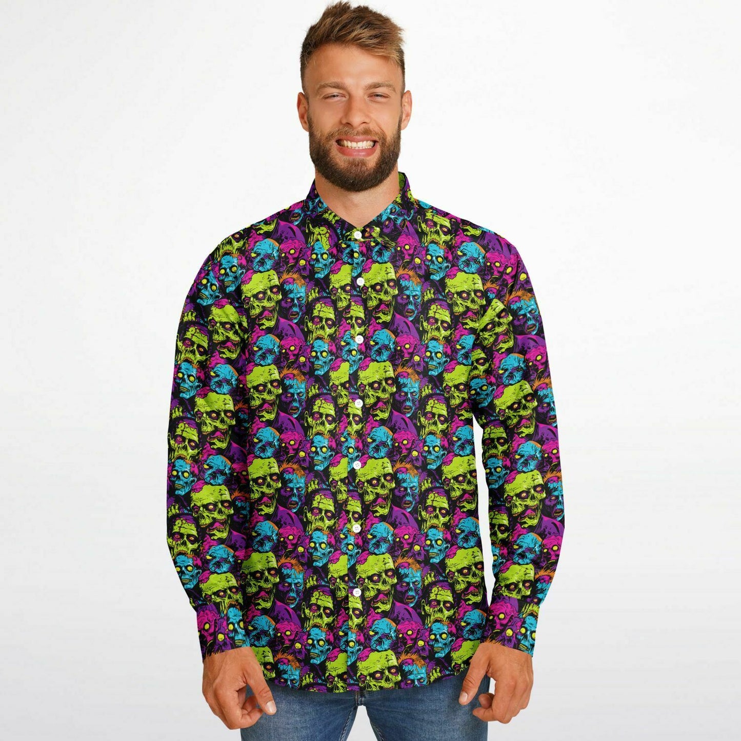 Bold Neon Zombie Horde Button Down Shirt, Comic Book Inspired Long Sleeve, Men’s Halloween Party Outfit