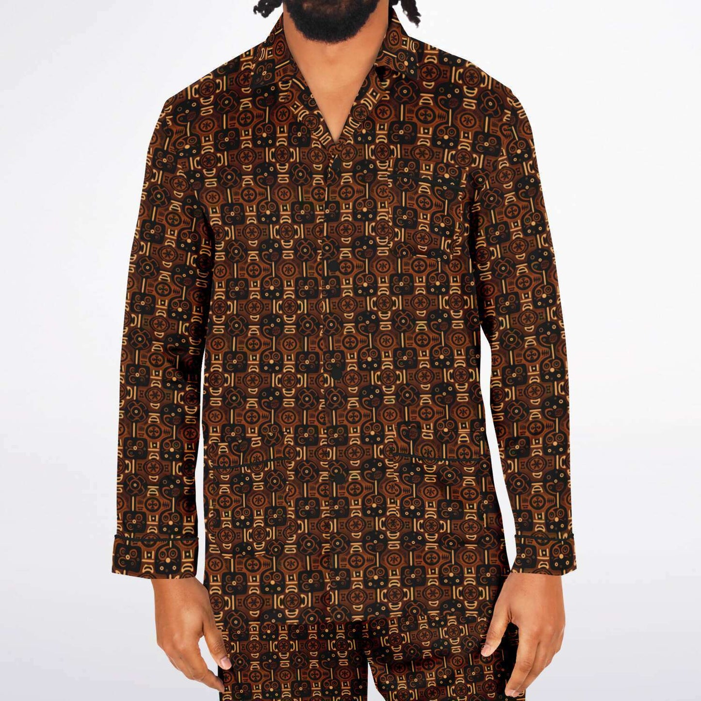 Brown African Wax Print  Men's Satin Pajama Set | Adinkra Symbols African Print' Big & Tall Satin Cozy Men's Loungewear