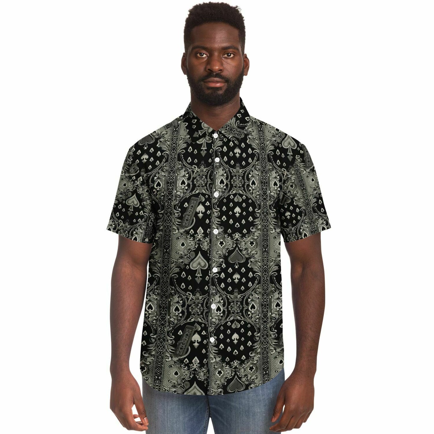 Ace of Spades Men's Short Sleeve Button Down Shirt, Black and Grey Poker Print