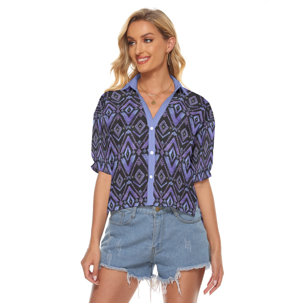 Women V-neck African Print Women's Shirt, Purple Cultural Blouse, Women's Loose-Fit Top