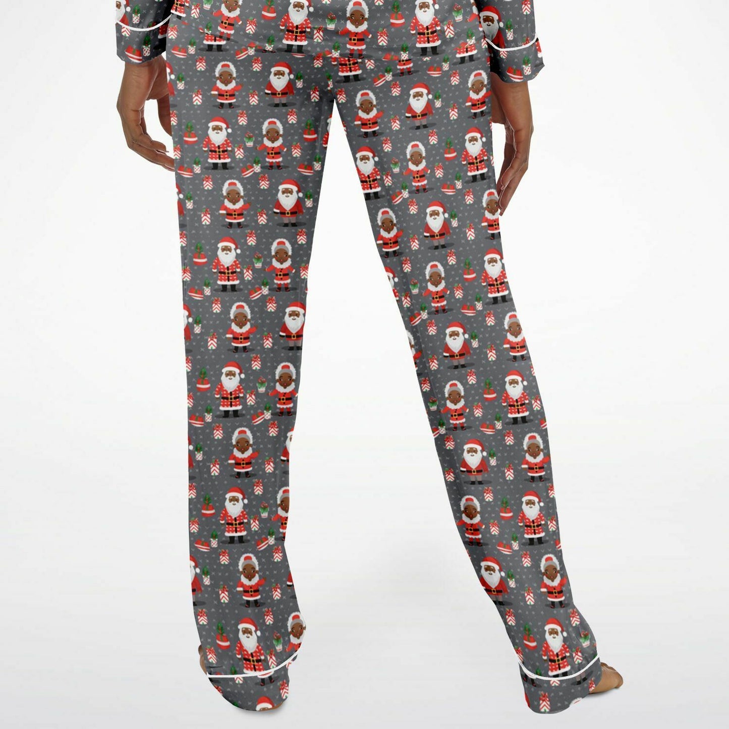 Black Santa & Mrs Claus Women's Plus Size Satin Pajama Set, Christmas Couples Pajama Set