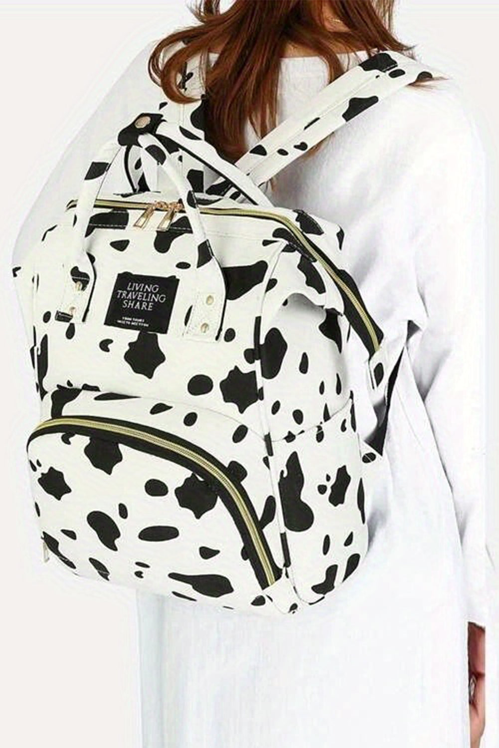 White Cow Spot Print Canvas Backpack - Durable, Multi-Pocket, and Versatile Design