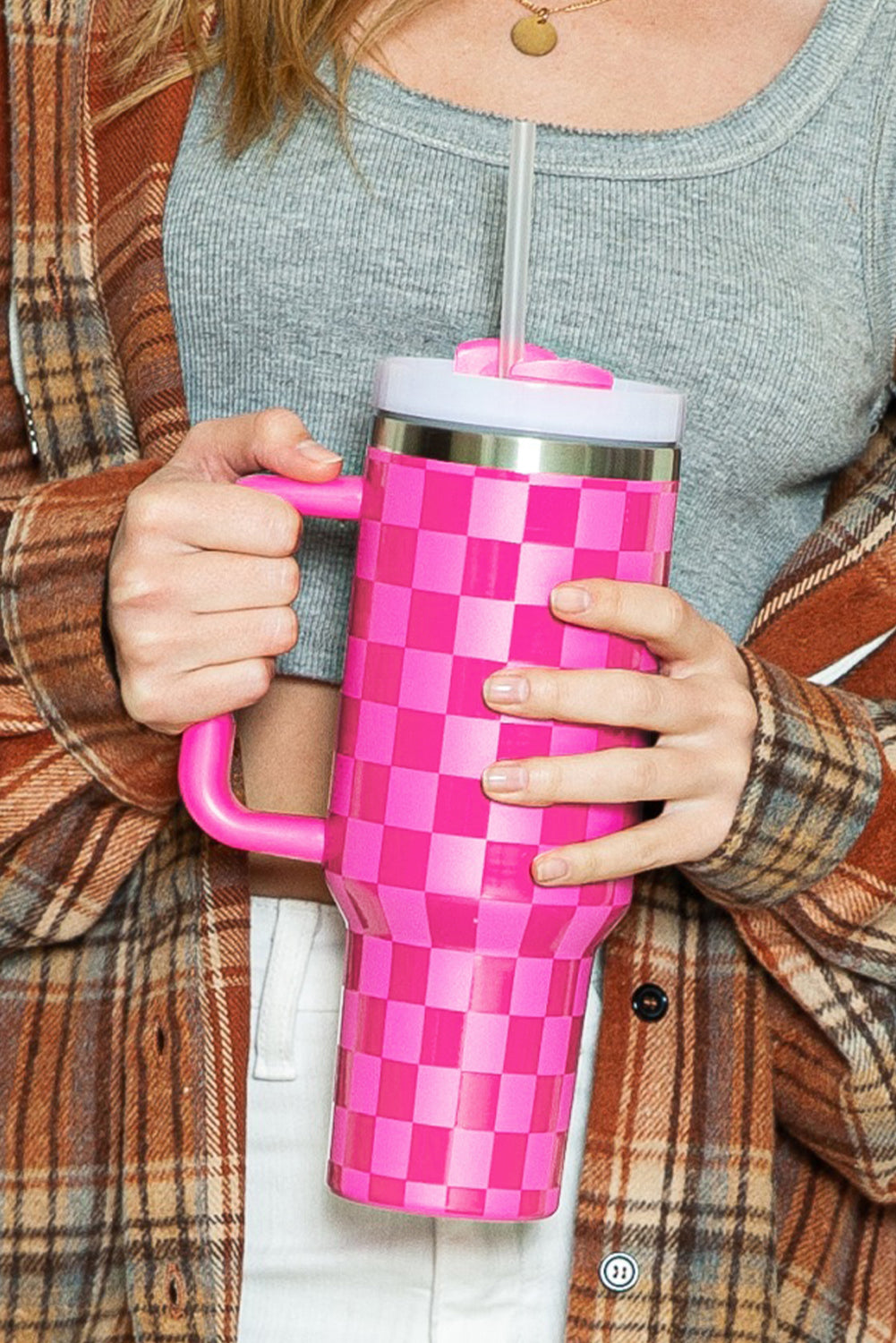 Bright Pink Checkered Print 40oz Stainless Steel Tumbler Cup with Handle - Durable & Temperature Retaining