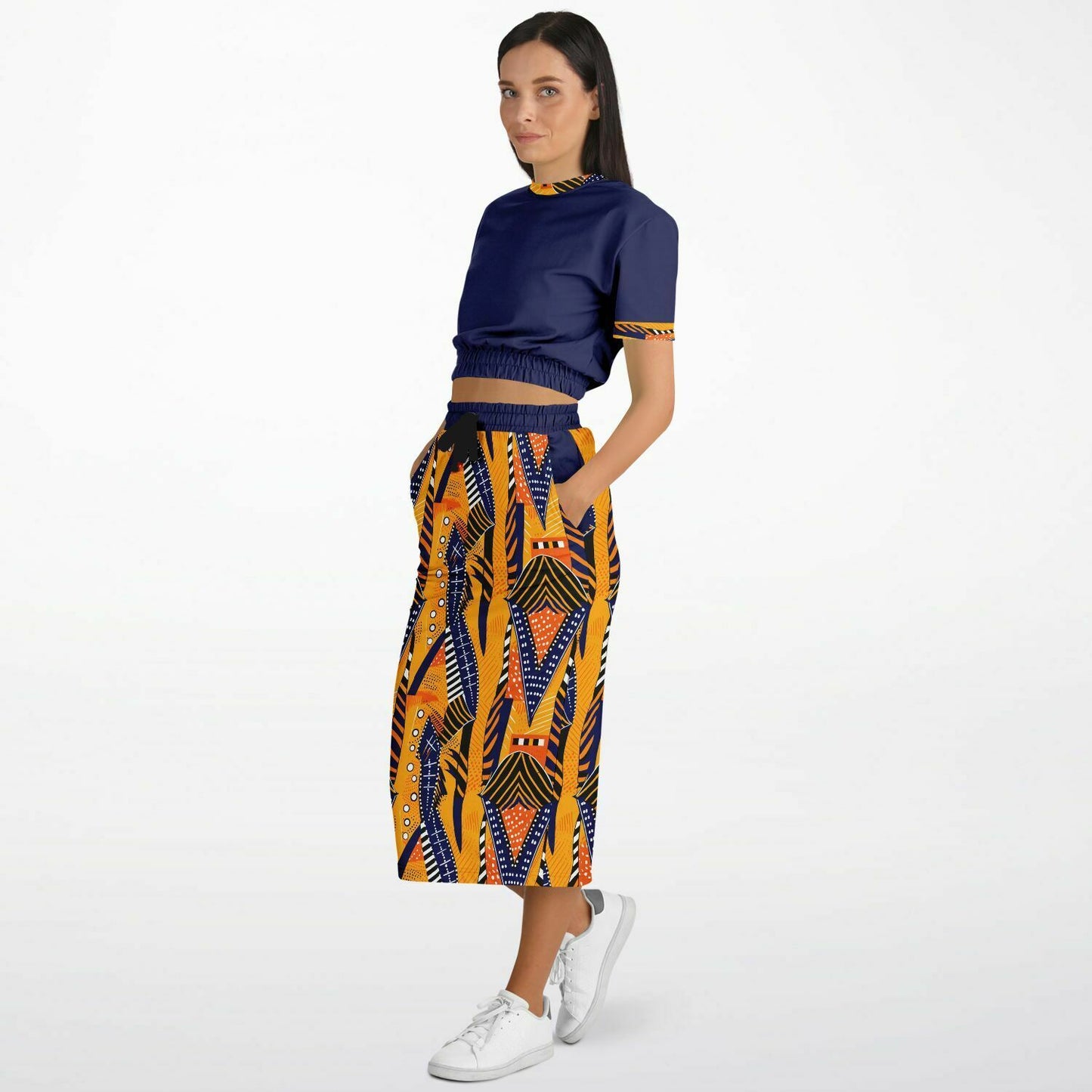 African Print & Midnight Blue Color Block Women's Cropped Sweatshirt and Skirt Set, African Print Fashion For Women