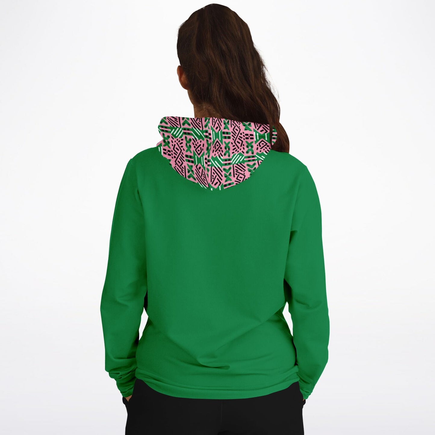 AKA Pink & Green Sorority Inspired African MudCloth Color Block Print Women's Athletic Hoodie, College Sorority Gift