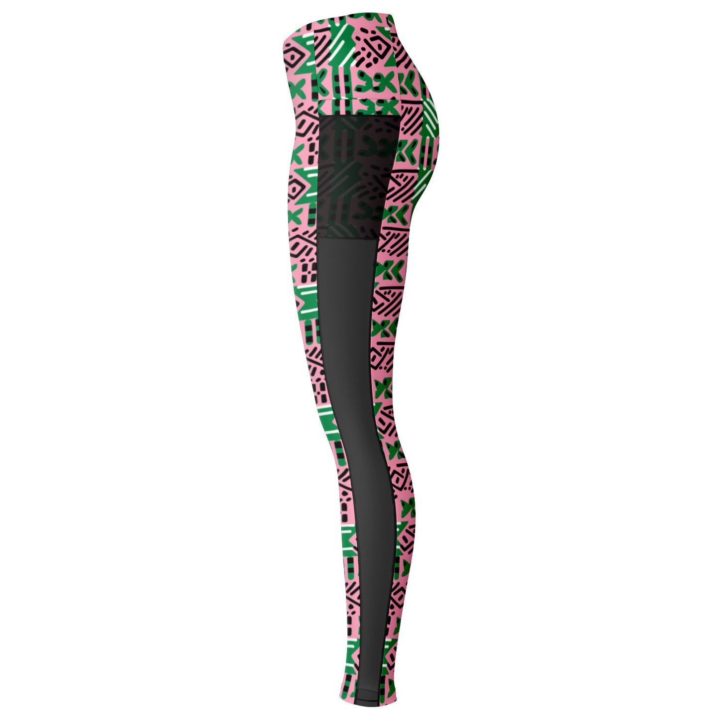 AKA Pink & Green Sorority Inspired African MudCloth Mesh Pocket Leggings, African Print Women's Athletic Wear