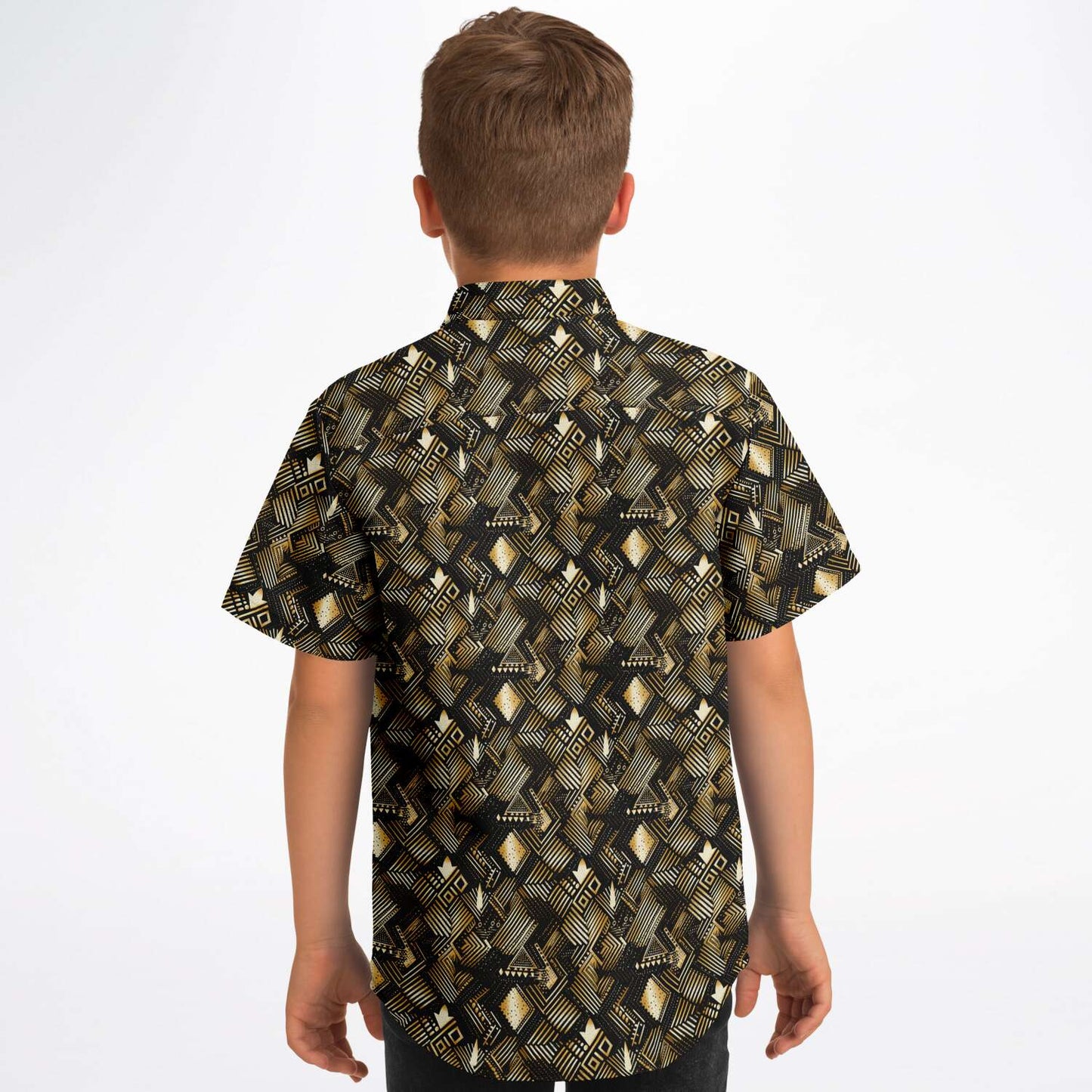 Gold & Black African Print Mud Cloth Short Sleeve Button Down Shirt | Youth Ethnic Print Button Down Shirt - Ships Free