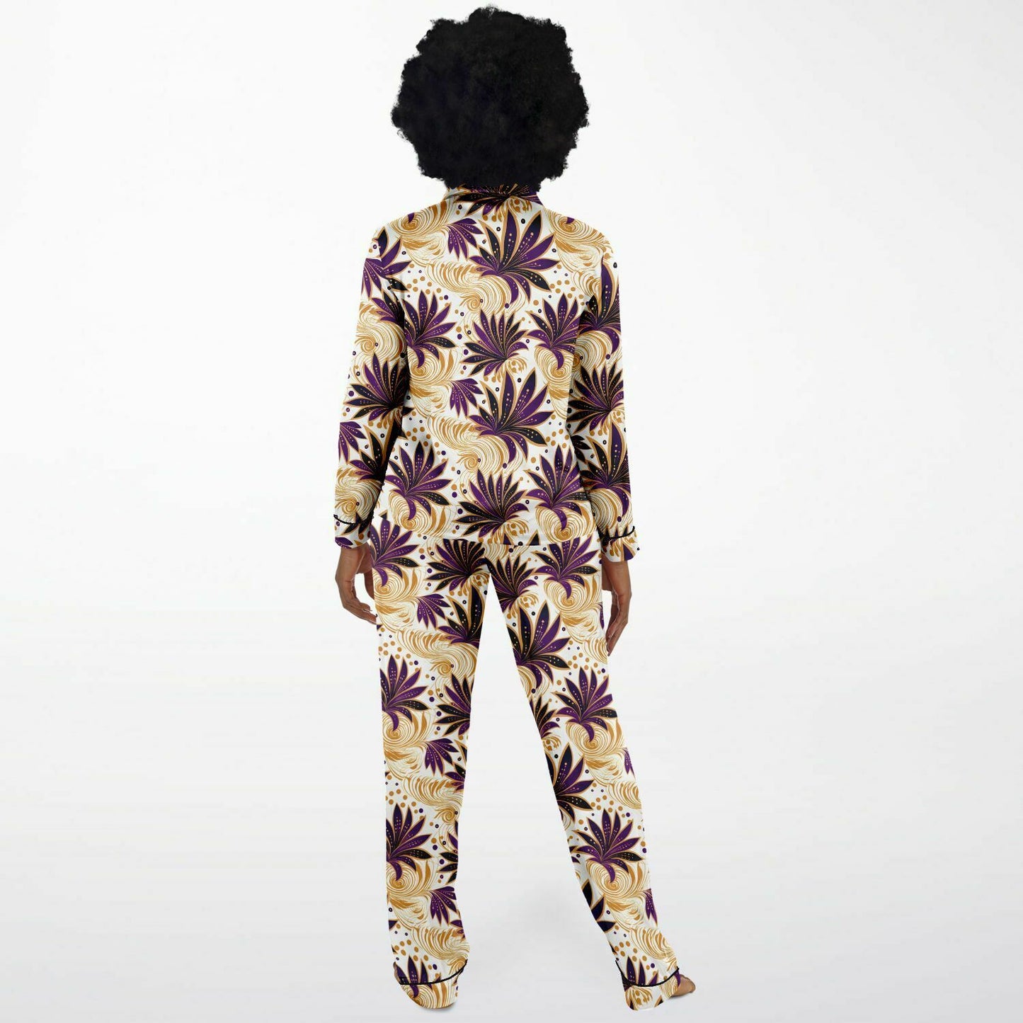 Purple Gold Ankara Wax Print Satin Pajama Set | Plus Size Satin Pajamas