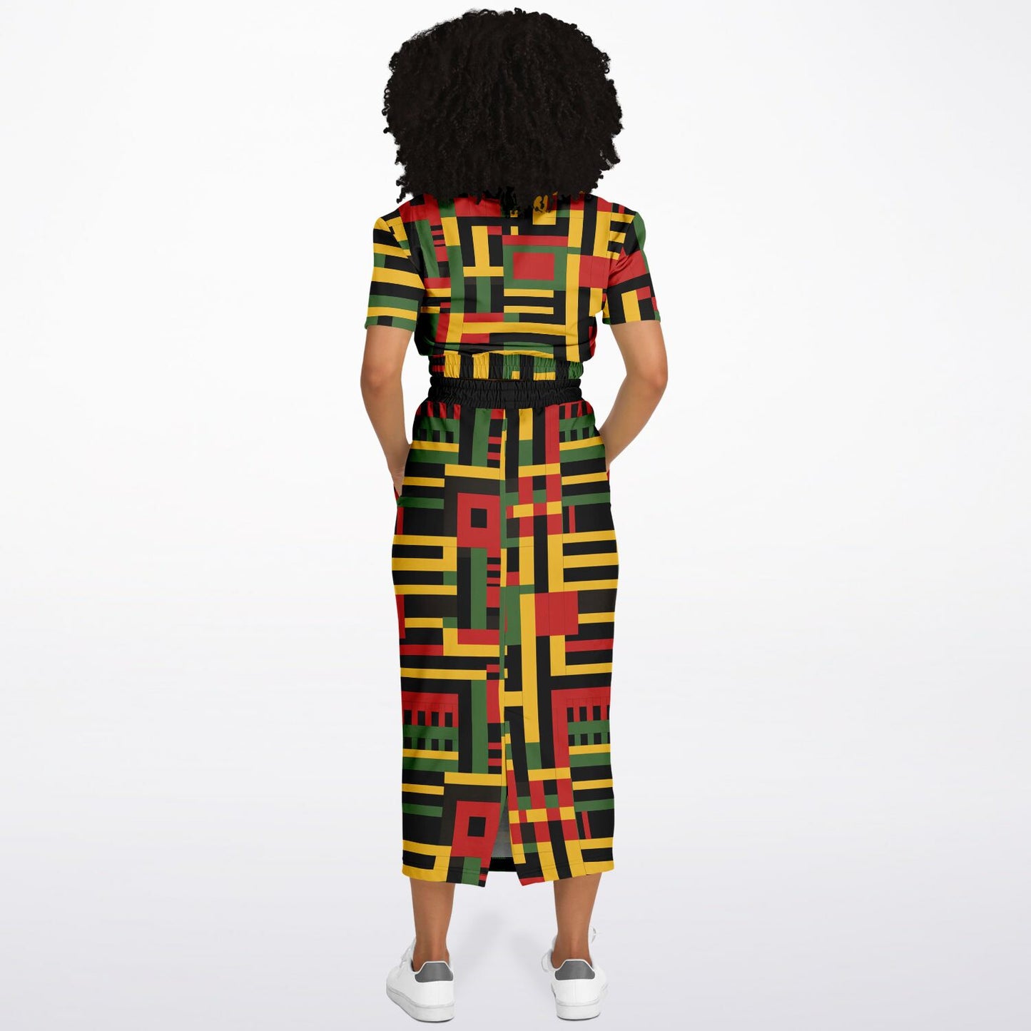 African Kente Cloth Women's Cropped Sweatshirt & Long Skirt Set, Ethnic Print Fashion