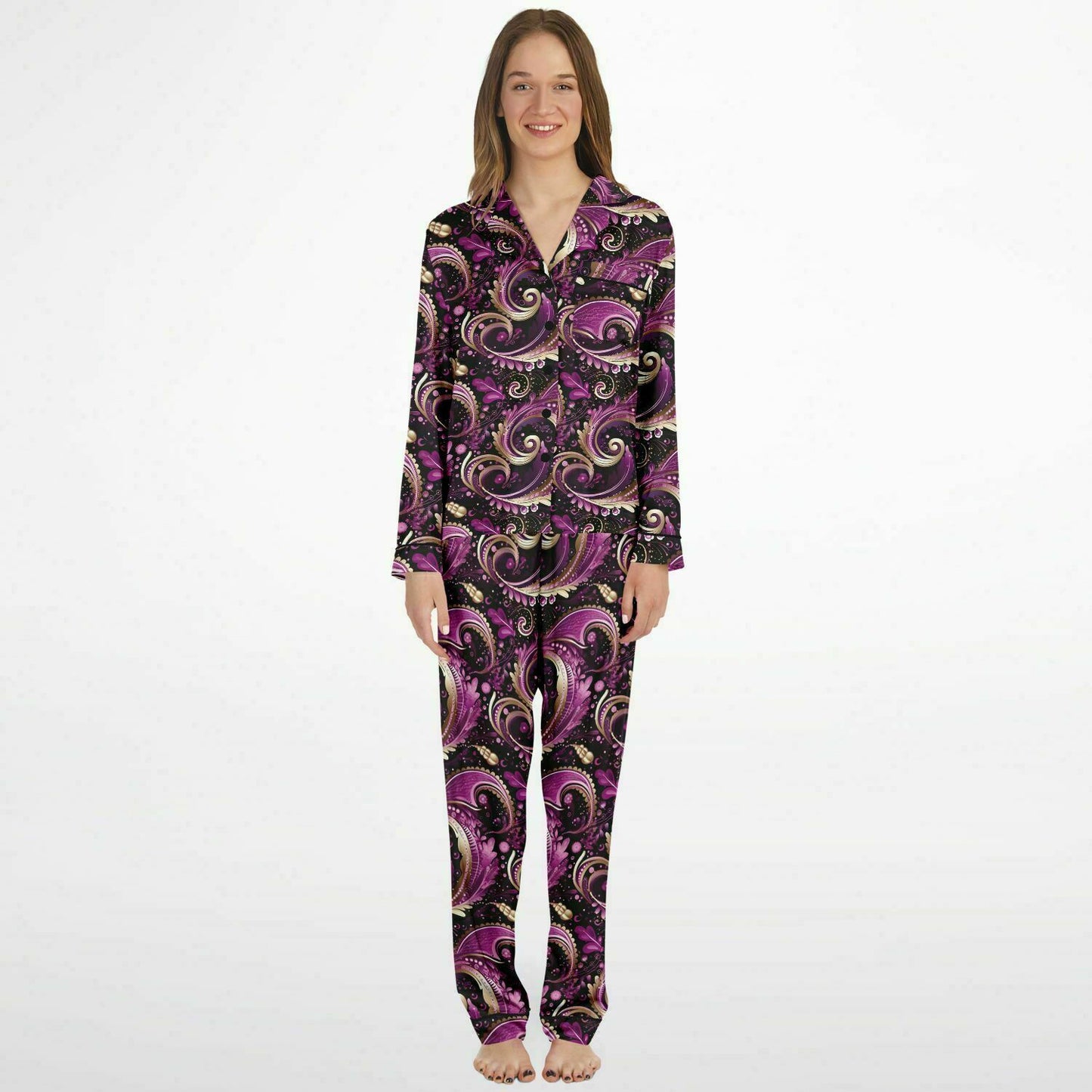 Purple Pink & Gold Paisley Print Women's Satin Pajamas, Boho Chic Purple Women's Pajama Set