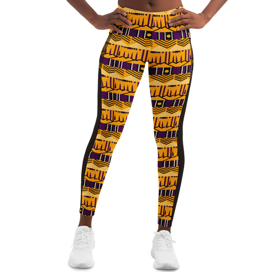 Laker Fan African Print MudCloth Print MeshPocket Leggings, Purple Gold Mesh Workout Pants