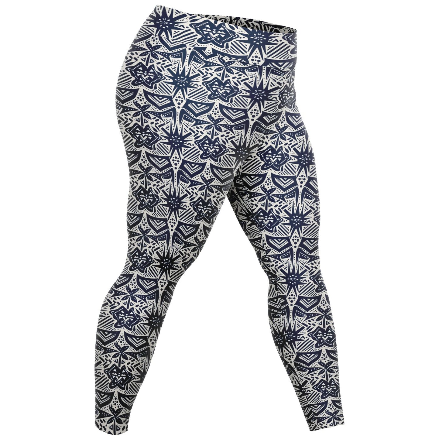 Blue & White African Mud Cloth Plus Size 2XL - 6XL Women's Leggings | Plus Size African Print Activewear | High Waistband Ethnic Yoga Pants