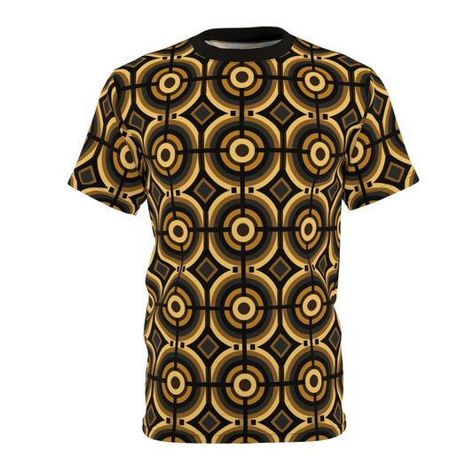 Retro Gold & Black Circular Tile Pattern Tee, Carpetpunk-Inspired Unisex Shirt