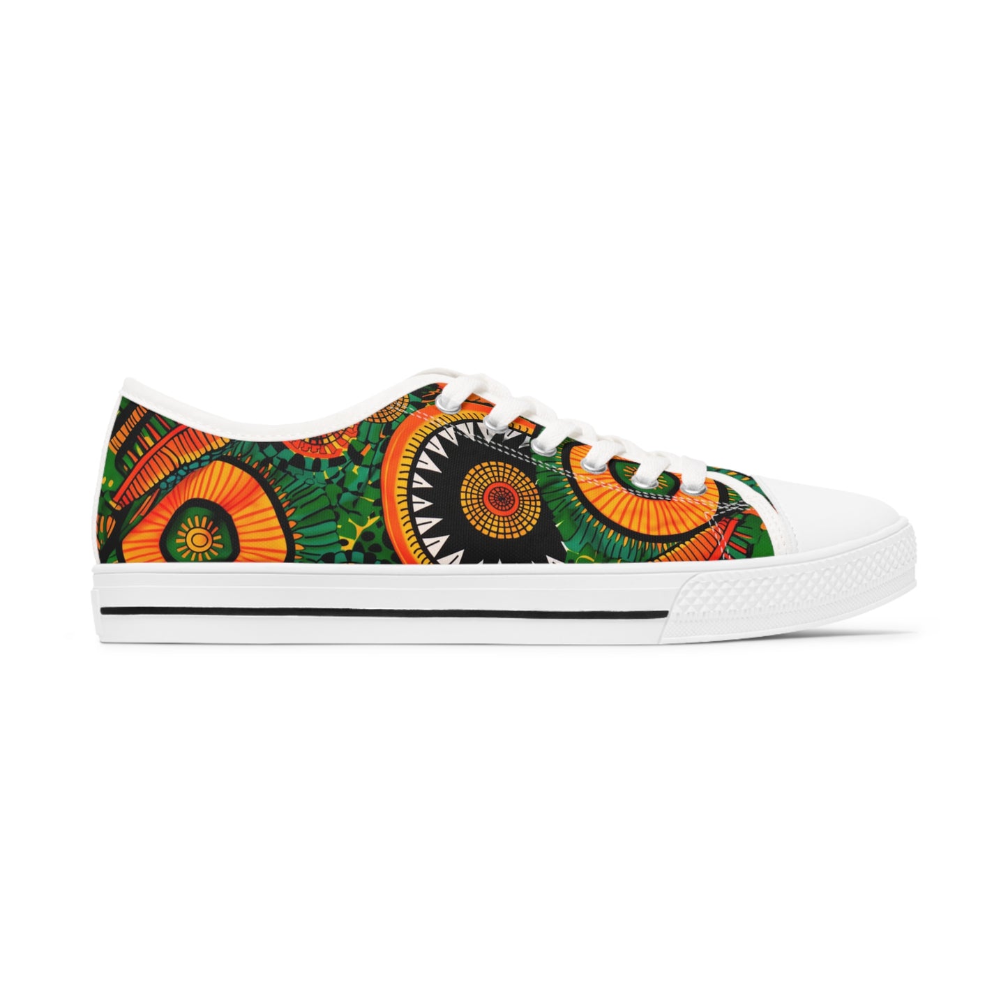 Orange, Green Yellow Africa Ankara Print Women's Low Top Sneakers, Black & Red Geometric Pattern Canvas Shoes, Comfortable Tribal Print