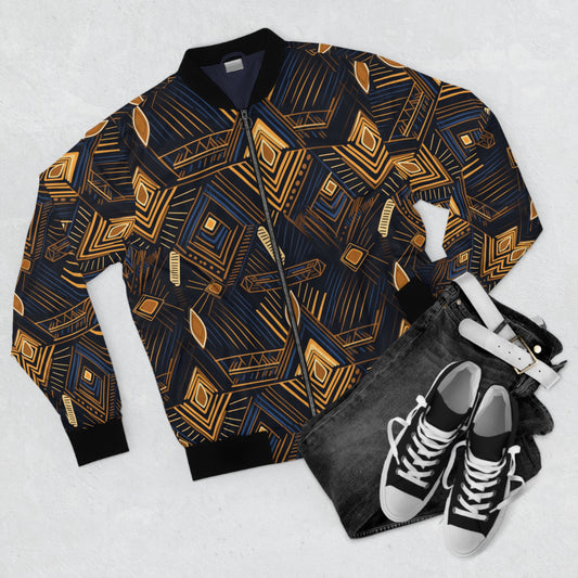 Tribal Elegance African Tribal Print Bomber Jacket, Chocolate Brown, Amber and Blue Men's Bomber Jacket