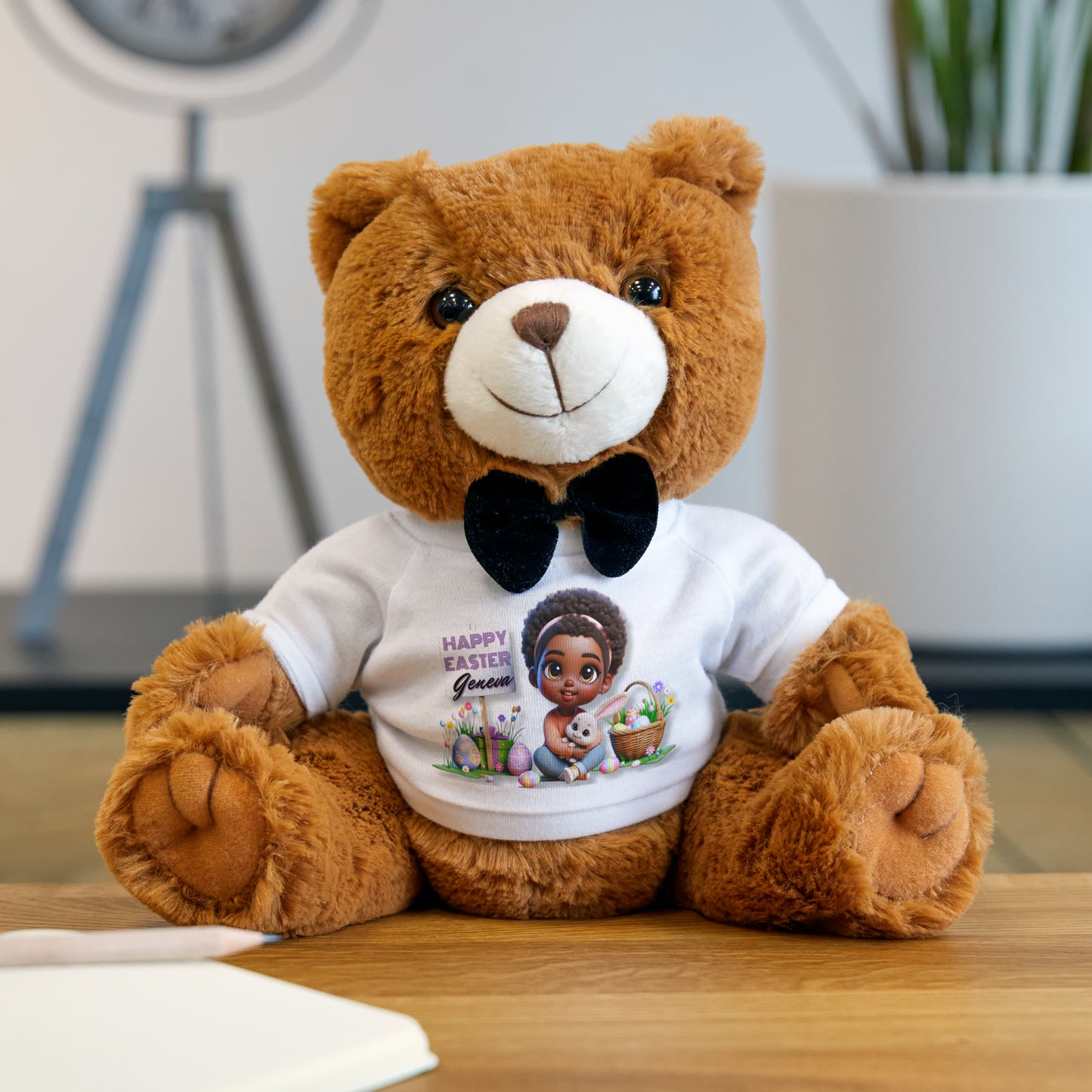 Customizable Easter Teddy Bear with Personalized T-Shirt, African American Girl Design with Easter Eggs