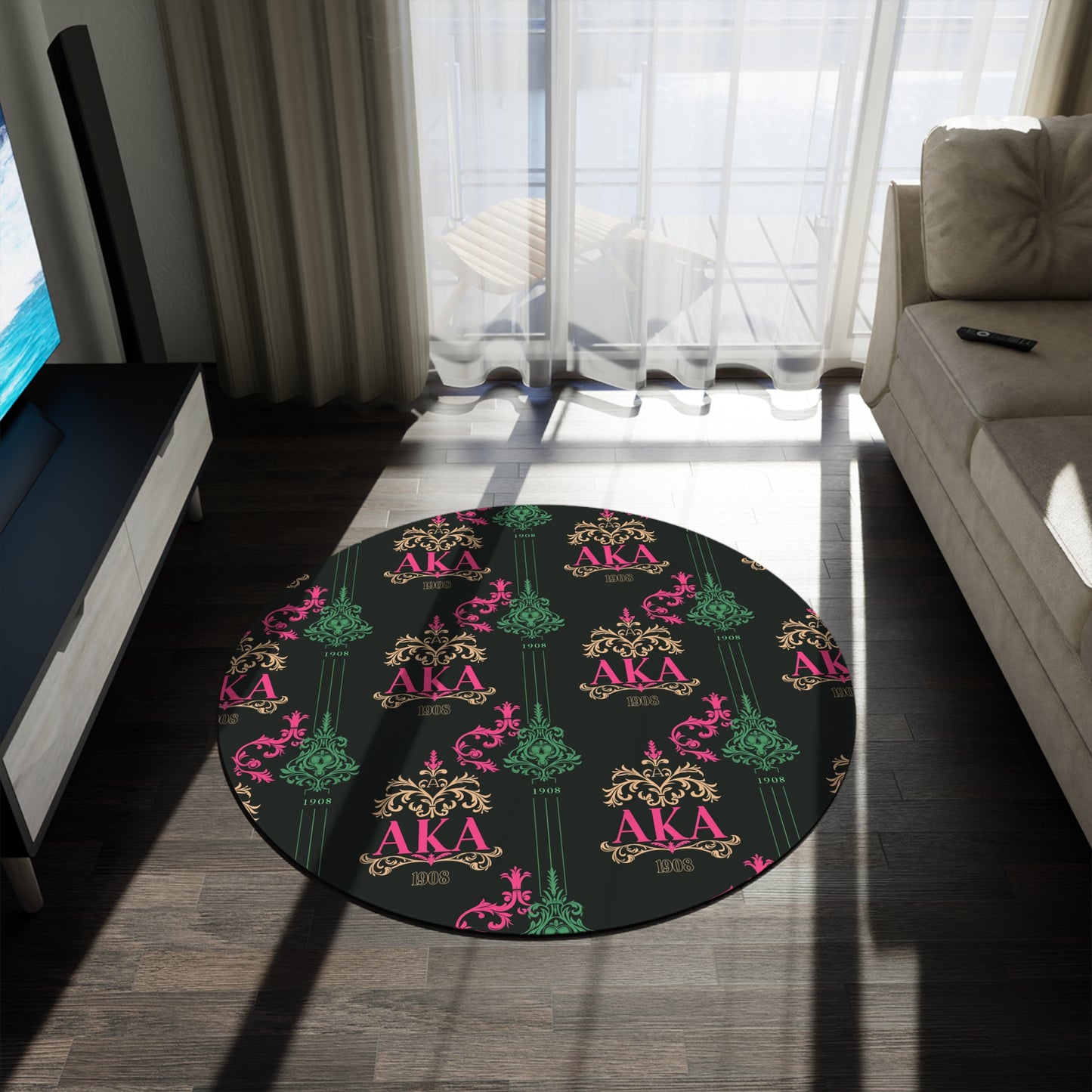 AKA Pink and Green Round Rug, 60" Sorority Sisterhood Decor, Alpha Kappa Alpha, Three Design Choices, Ideal Gift for AKA Sisters