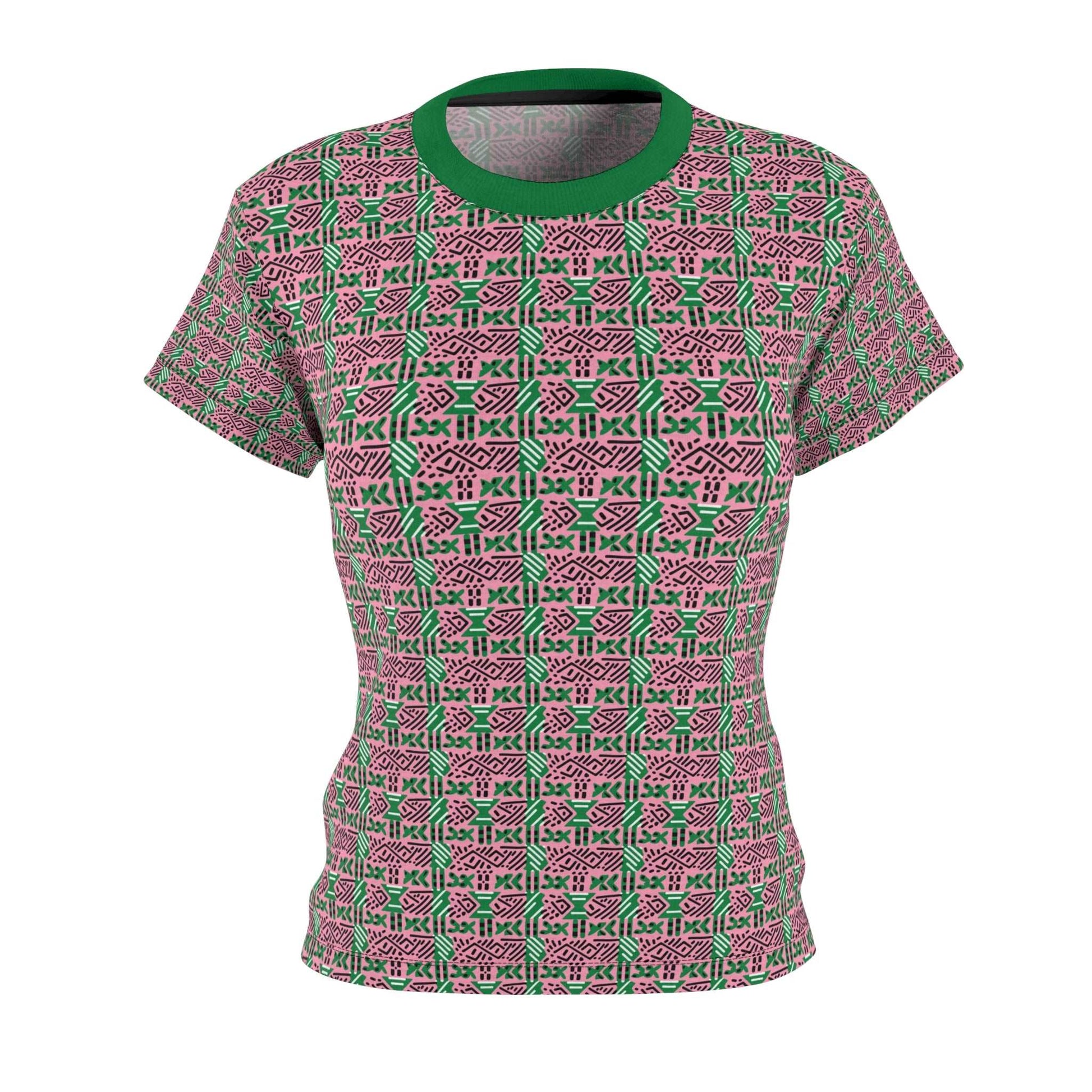 AKA Sorority Pink and Green Women's T-Shirt, Pink & Green MudCloth Print Ladies Top