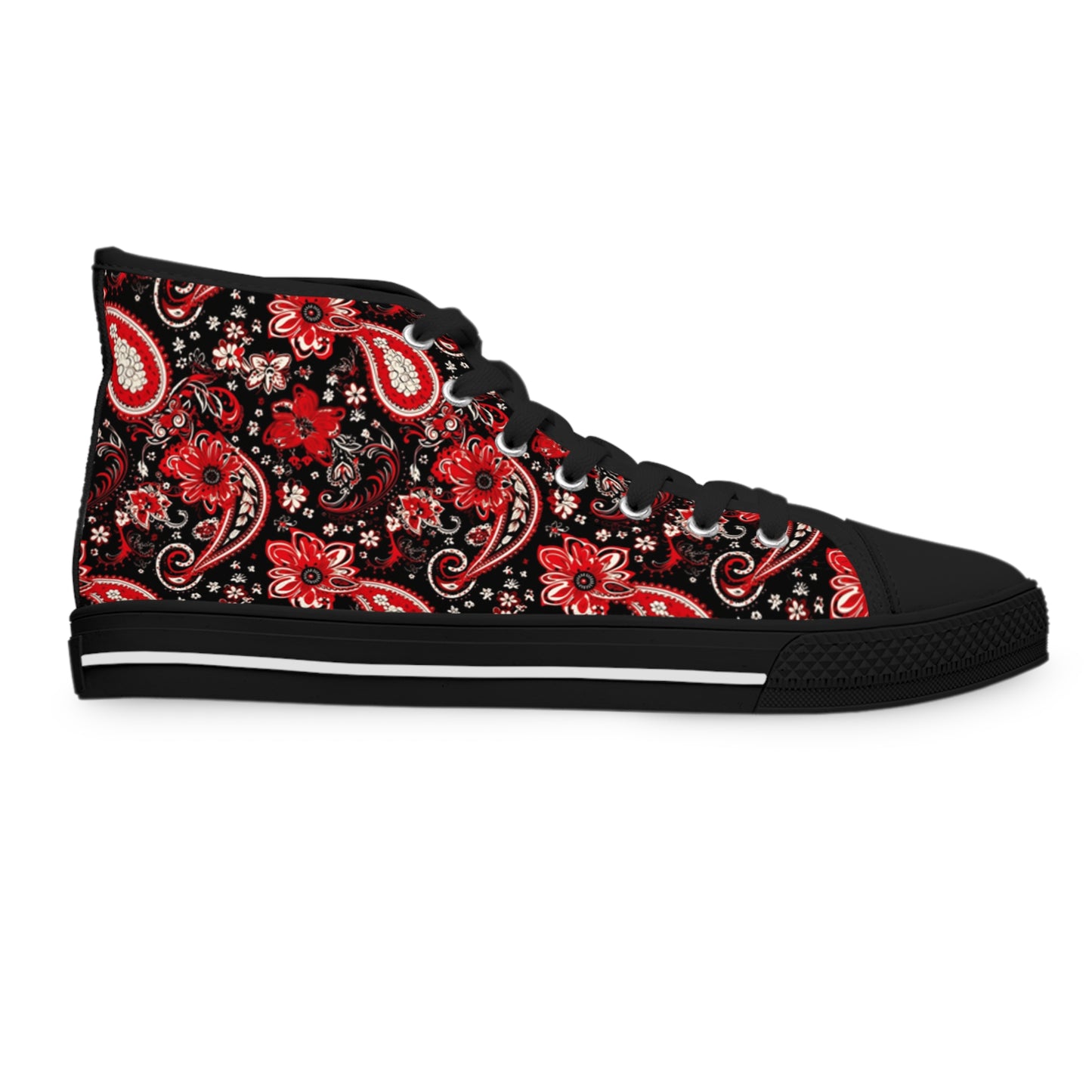 Black & Red Paisley Print Women's High Top Sneakers, Stylish Paisley Pattern Sneakers, Trendy Black and Red Bandana Print Shoes