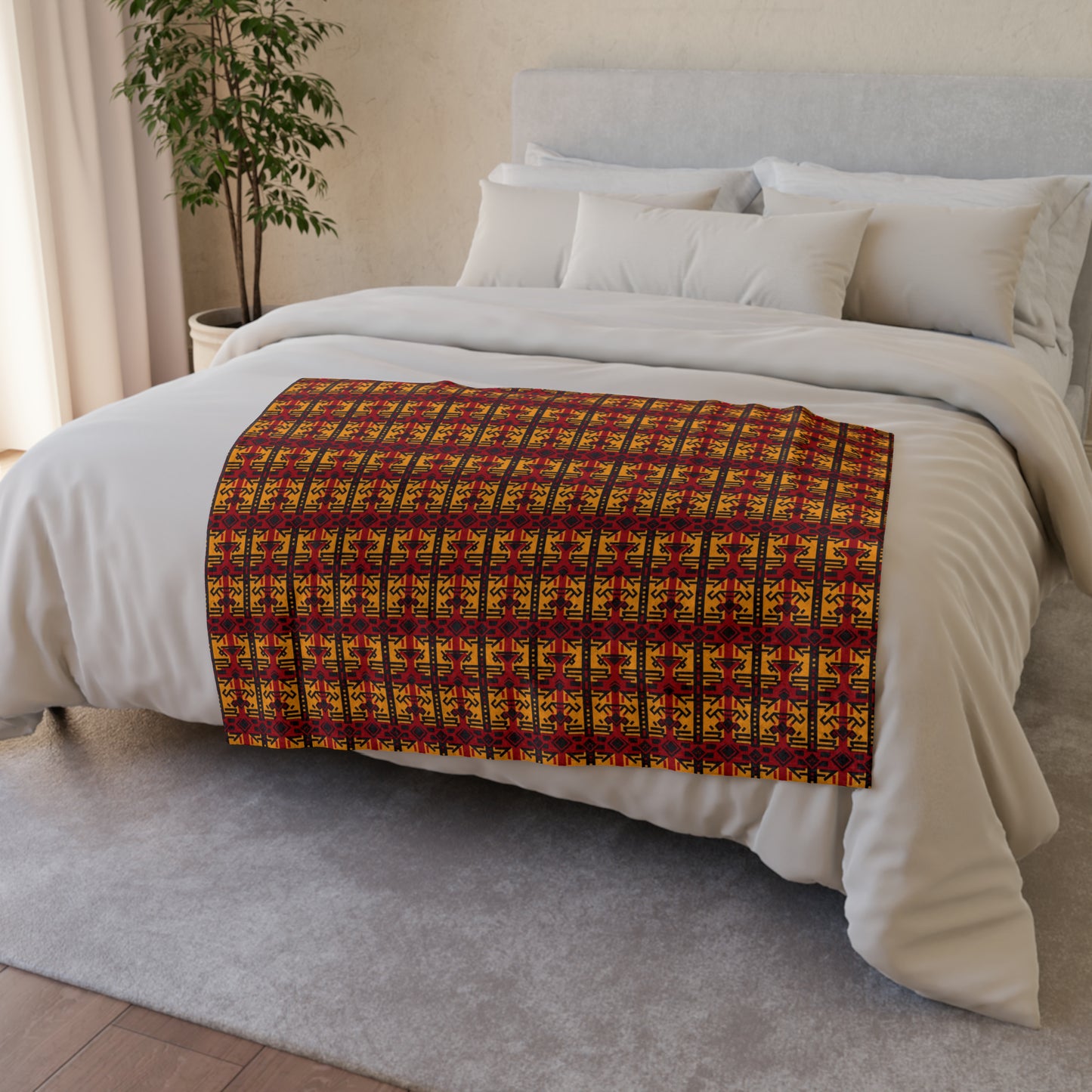 Cardinal & Gold College Colors African Print Throw Cover, Trojans Fan African Mud Cloth Bedroom Decor