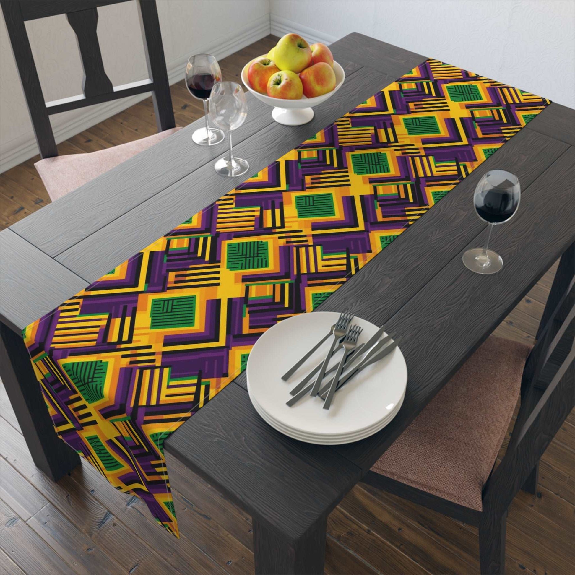 African Kente Print Mardi Gras Themed Table Runner, Festive Carnival Pattern Home Decor