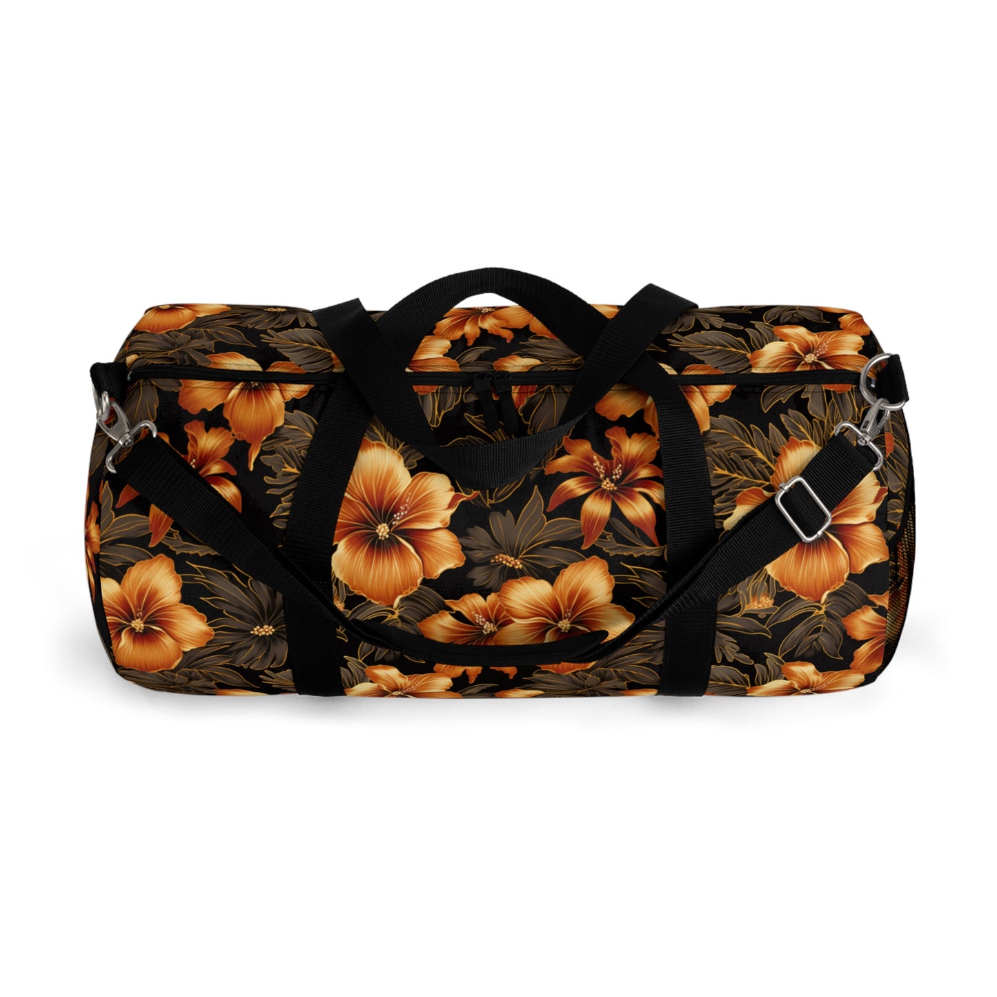 Golden Floral Hawaiian Print Duffle Bag, Black & Yellow Hawaiian Gym Bag