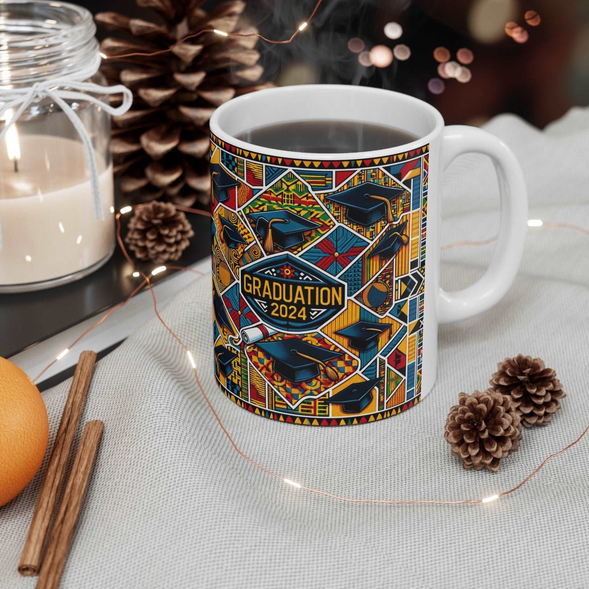 African Kente Cloth Print Class of 2024 Coffee Mug, Tribal Print Senior Graduation Cup