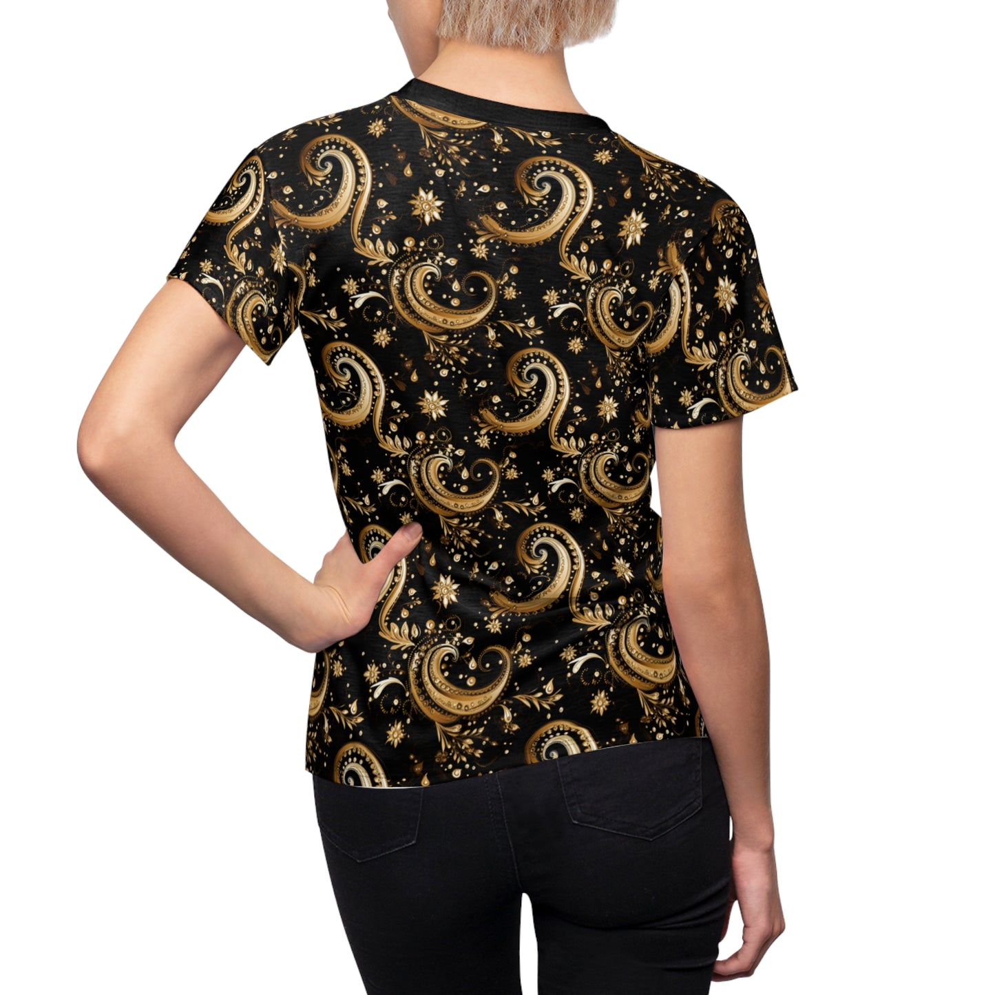 Black & Gold Paisley Print Elegant Women's Cut Top, Black and Gold Bandana Print Luxury Top