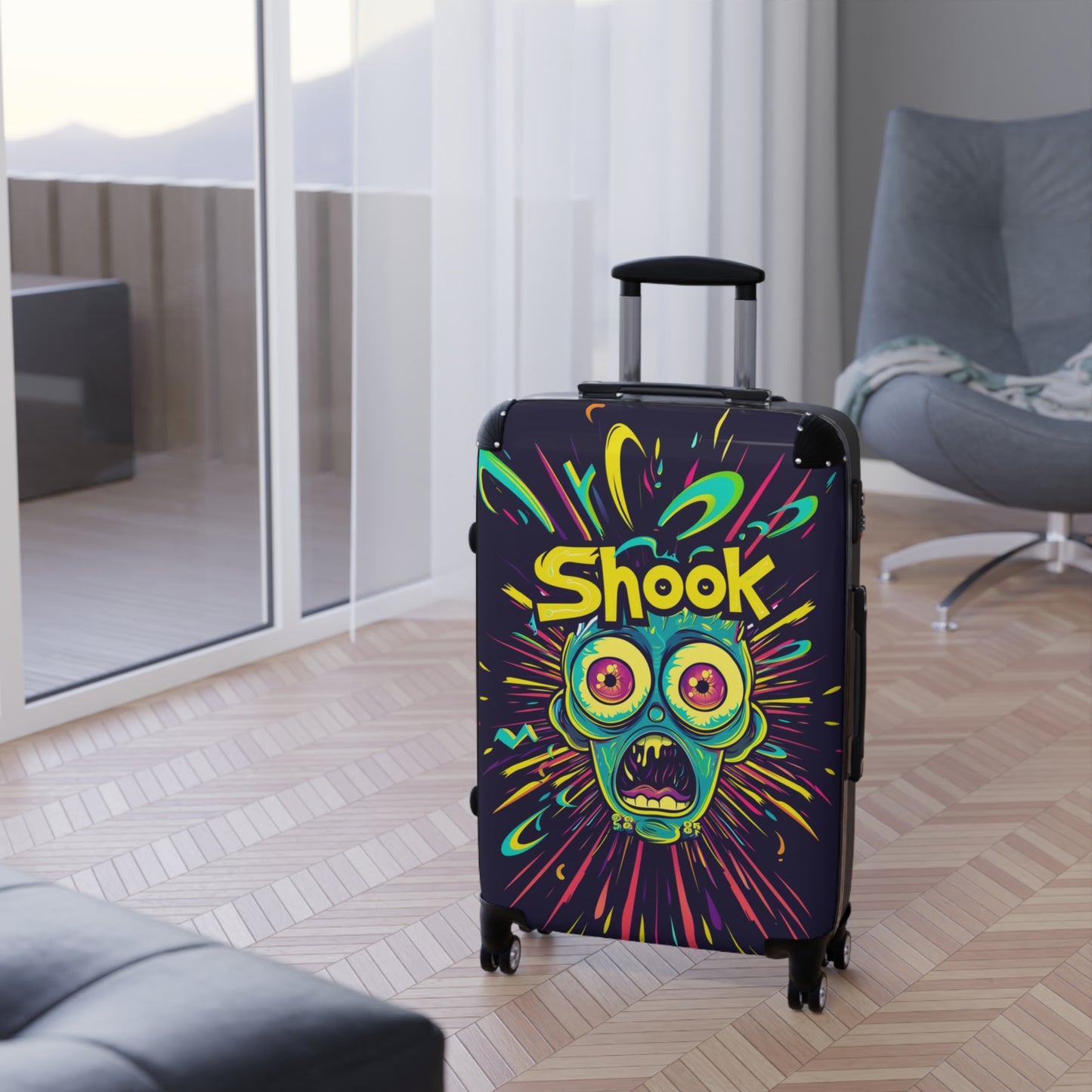 Urban Neon Pop Art "Shook" Rolling Luggage, Cartoon Streetwear Style Design, Personalized Travel Gear For Kids, Bold Fun Wild Art Suitcase