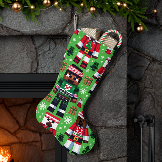 Pixelated Gaming Holiday Christmas Stocking | Kids' Virtual World Stocking | Video Game Block Pattern Decor| Holiday Stocking For Gamers