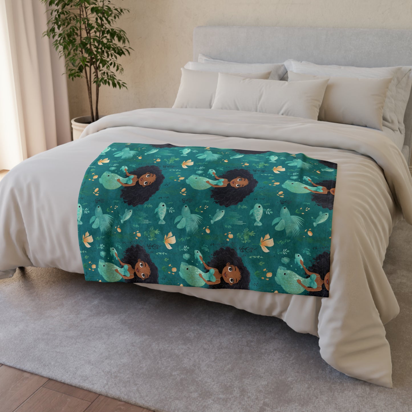 Black Mermaid Pattern Print Throw Cover, Mermaid Girls Throw Cover