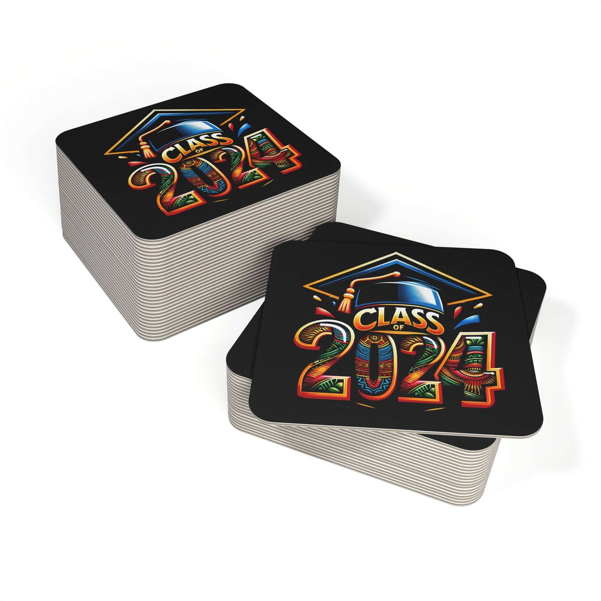 Afrocentric Class of 2024 Graduation Square Coasters,  4" HBCU Kente Cloth Print Bulk Hardboard Coasters