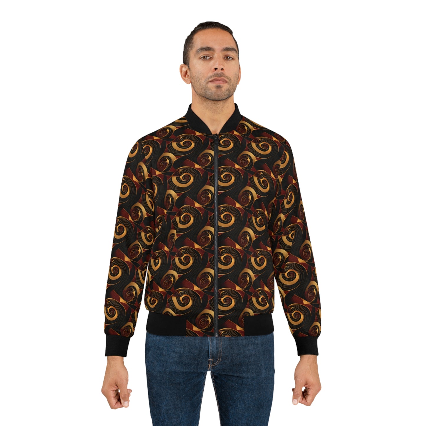 Plus Size Men's African Ankara Print Bomber Jacket - Dark Crimson, Gold & Black Spiral Design