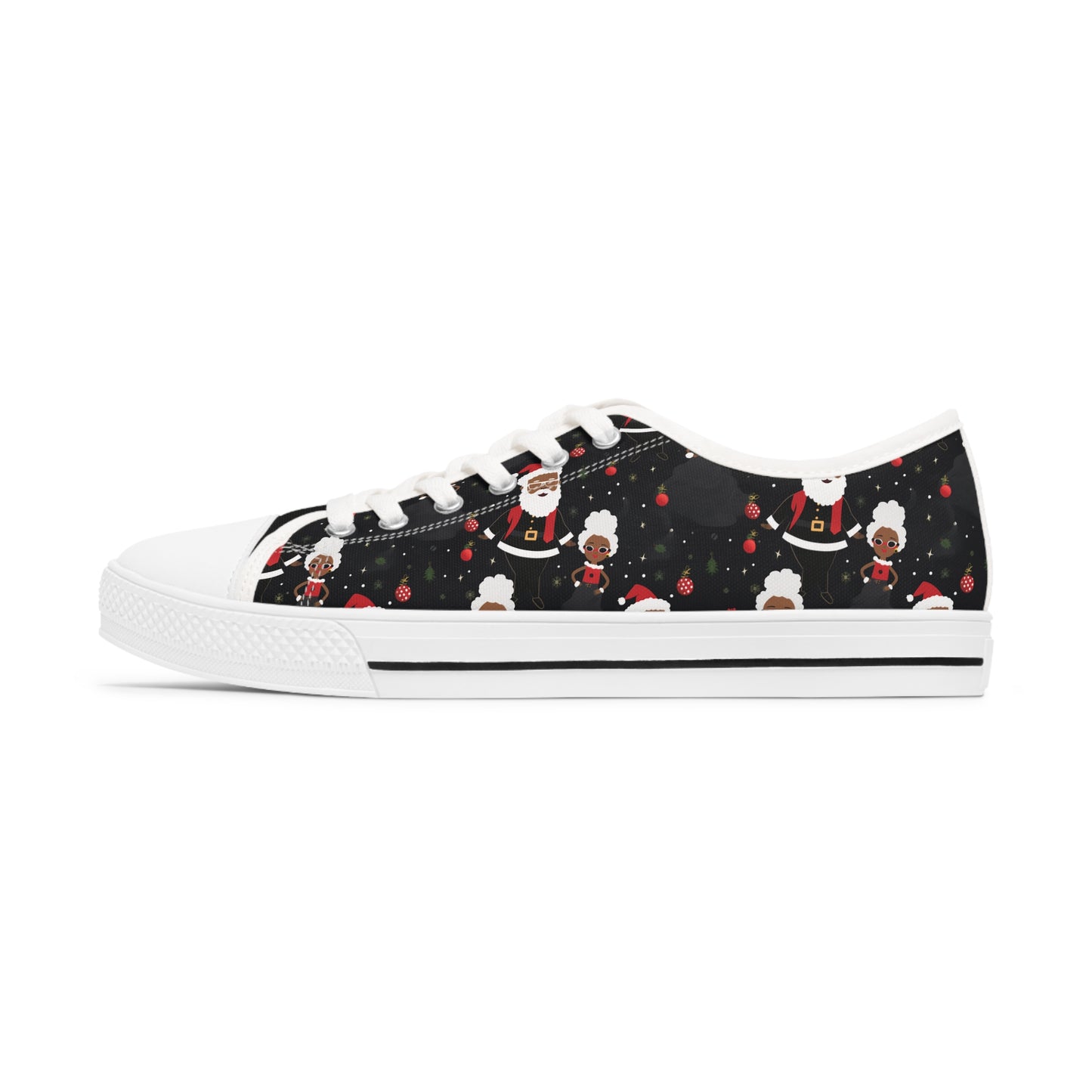 Black Santa and Mrs Claus Festive Christmas Low Top Tennis Shoes, Unique Women's Holiday Sneakers