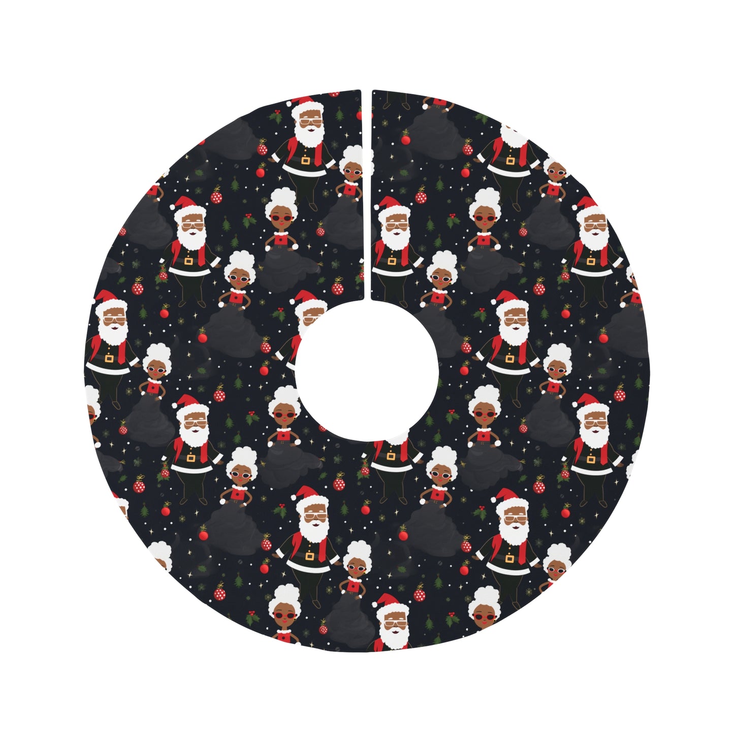 Black Santa and Black Mrs. Claus Christmas Tree Skirt, Festive Holiday Afrocentric Round Tree Skirt