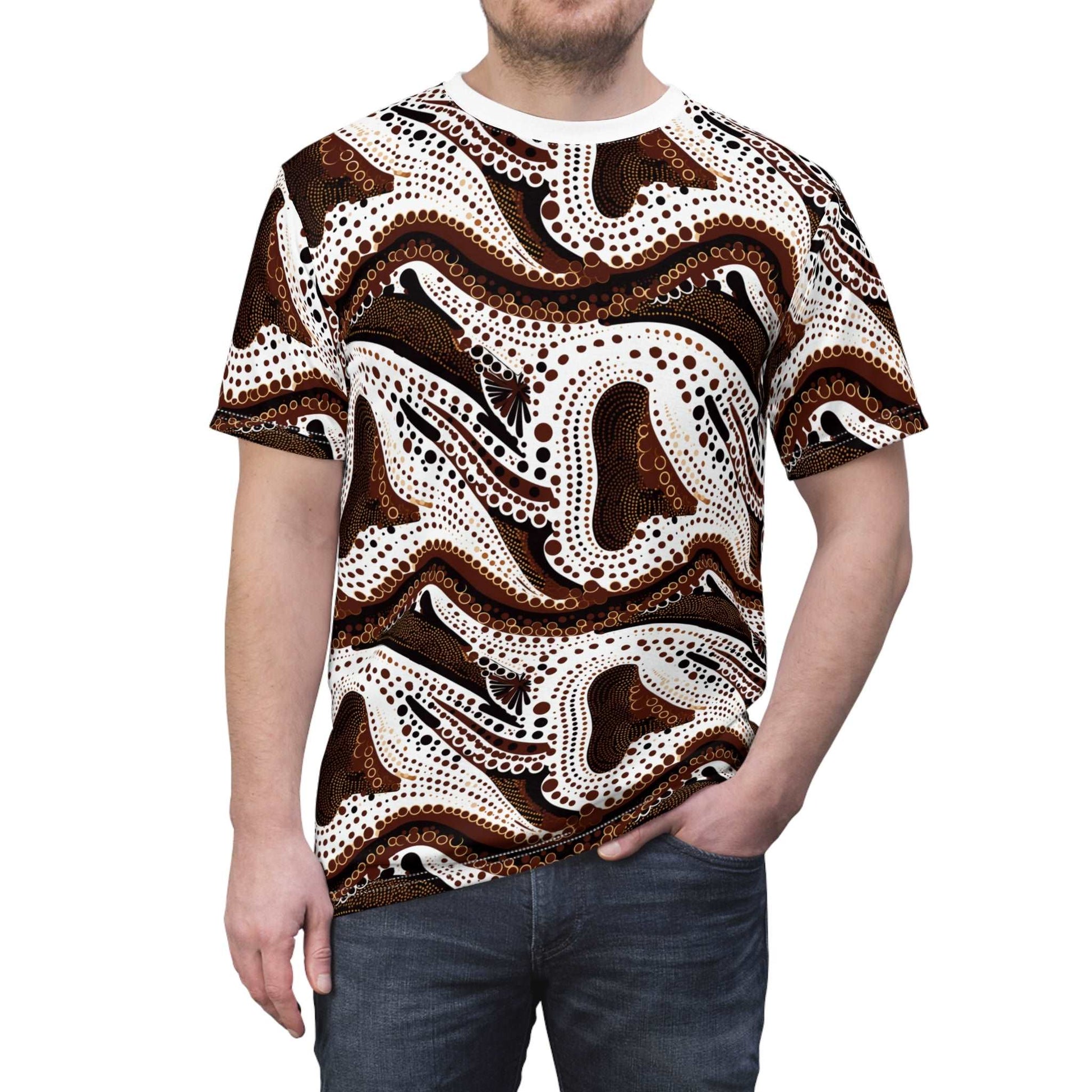 African Wax Print Ankara All-Over Pattern T-Shirt in Brown, White, and Black