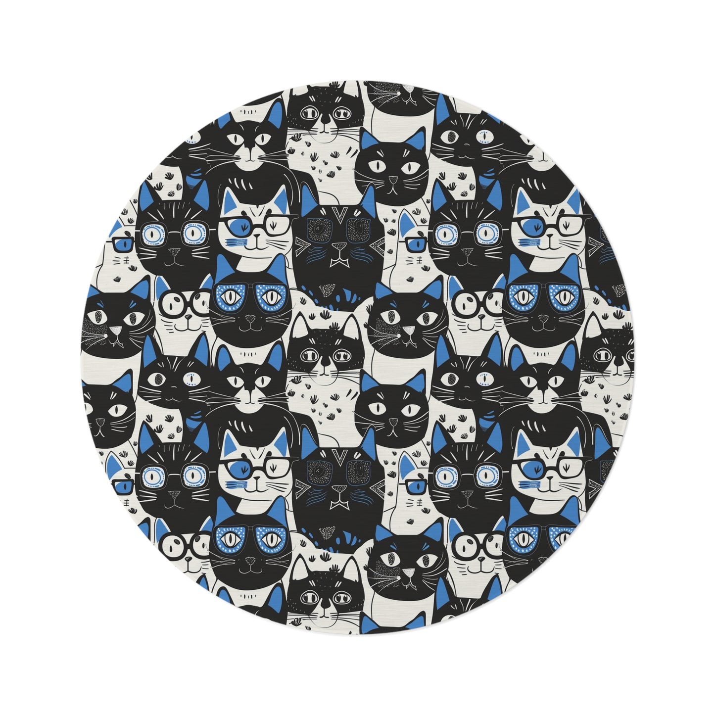 Blue Whimsical Cat Faces Round Rug,  Playful Black, White, and Pink Design , 60" Chenille Decorative Rug