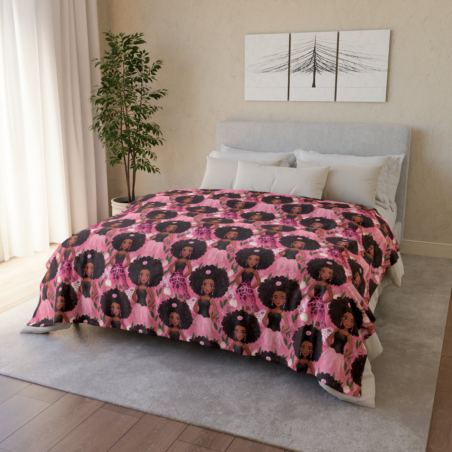 Black Baby Doll Bed Cover, Pink African American Doll Throw Blanket, Pink Girls Bedroom Decoration