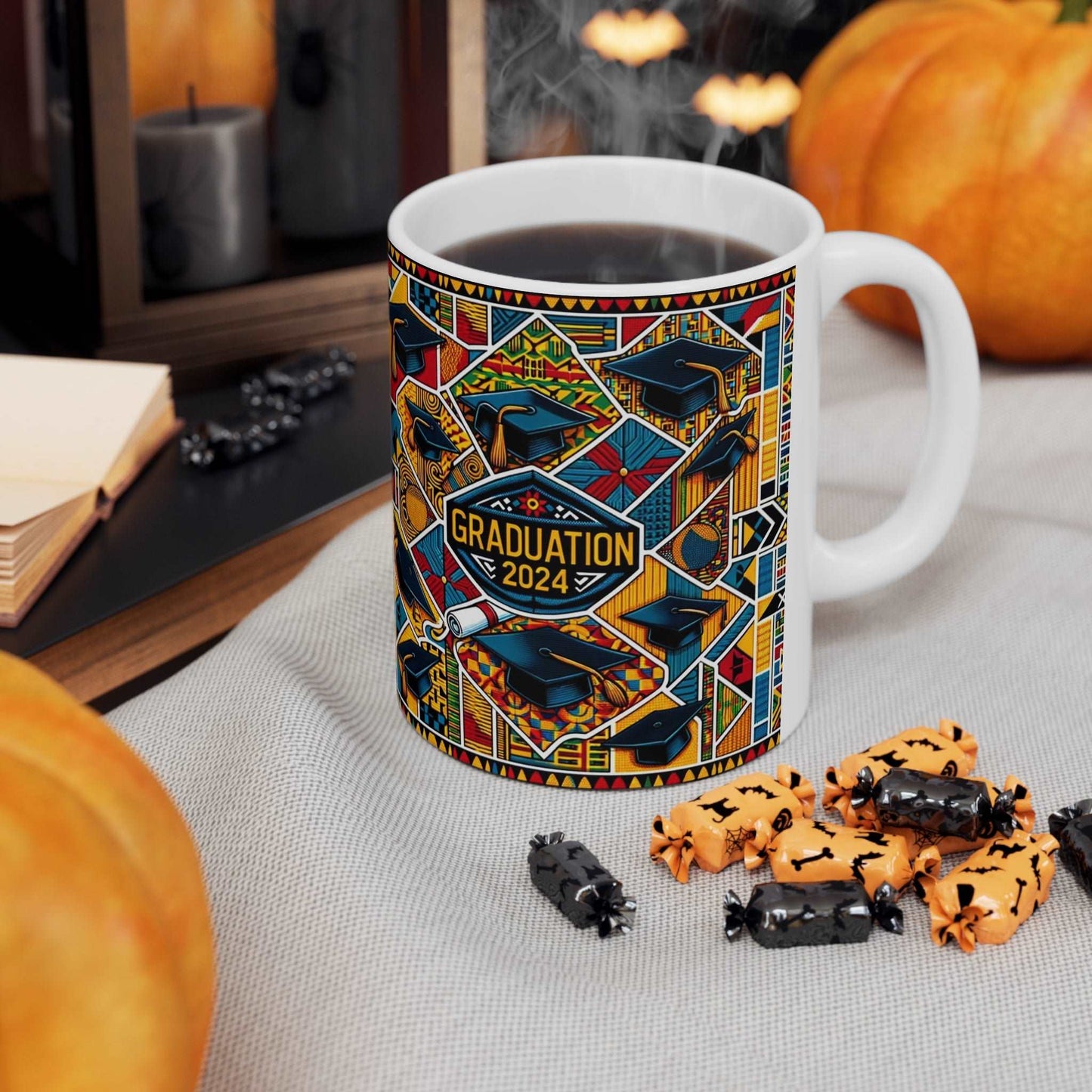 African Kente Cloth Print Class of 2024 Coffee Mug, Tribal Print Senior Graduation Cup